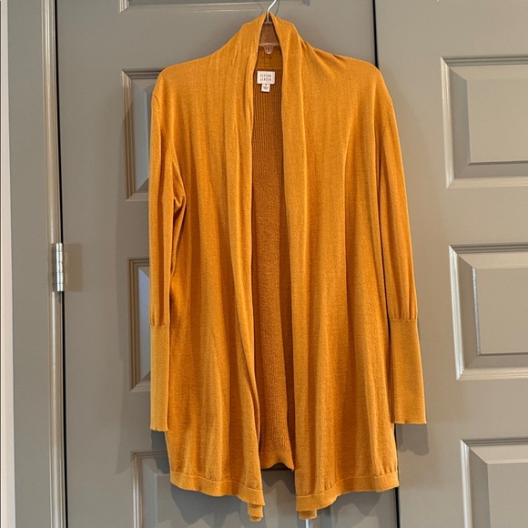 Evereve Lightweight Long Mustard Gold Open Front Cardigan - Picture 1 of 6